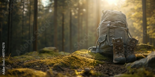 A close-up photo of a hiking backpack and hiking boots on mossy ground in a forest with sunlight. Hiking and outdoor adventure concept.