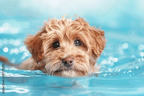 Underwater funny photo of brown maltipoo poodle puppy in the pool playing with fun - jumping, diving deep down. Beautiful simple AI generated image in 4K, unique. © ArtSpree