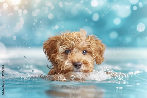 A close-up shot capturing the delightful expression of a poodle as it swims underwater, surrounded by bubbles. Beautiful simple AI generated image in 4K, unique. © ArtSpree