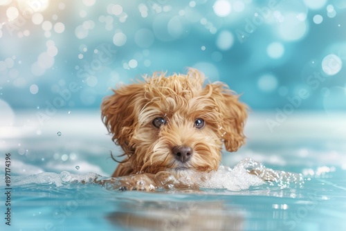 A close-up shot capturing the delightful expression of a poodle as it swims underwater, surrounded by bubbles. Beautiful simple AI generated image in 4K, unique.