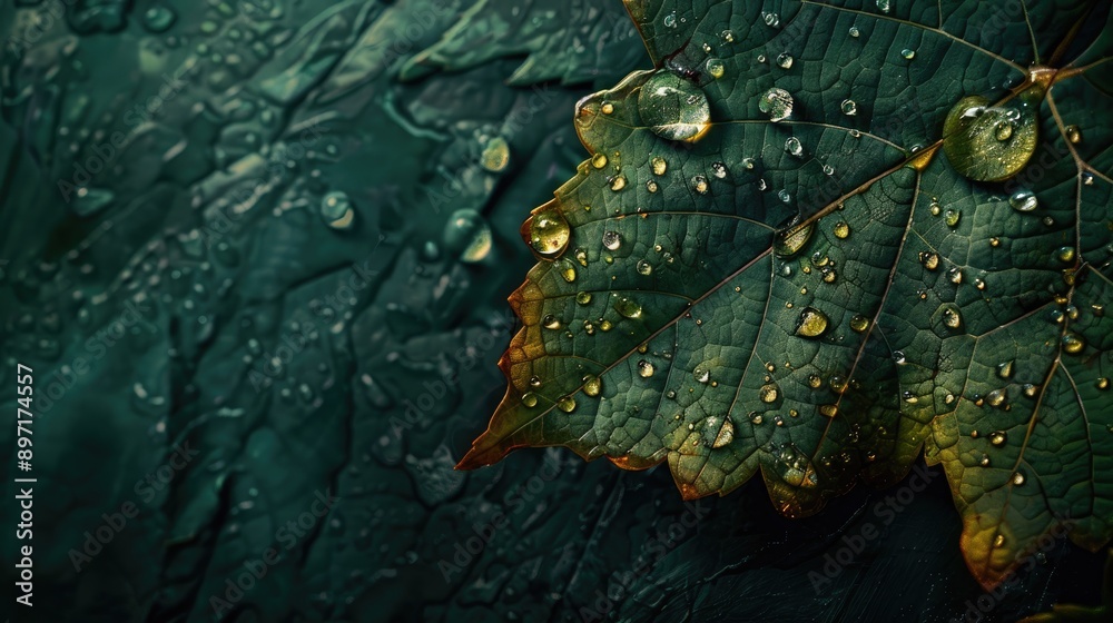 Fototapeta premium Macro photography of raindrops on grapevine leaf on dark green backdrop