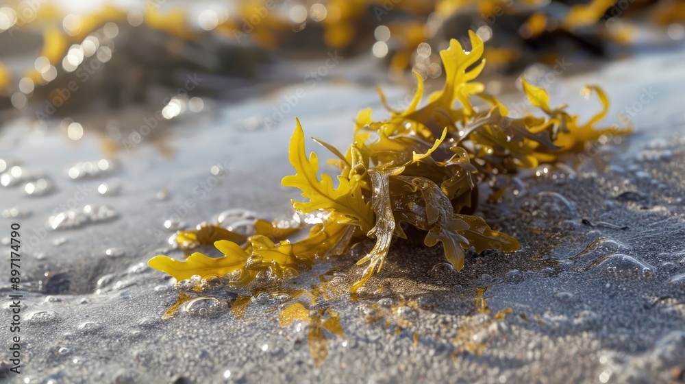 Macro shot of seaweed in wet sand by the sea