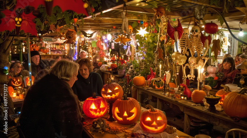 Halloween porch with carved pumpkins, hanging bats, skeletons, spooky lights, and eerie shadows, with a full moon in the background.