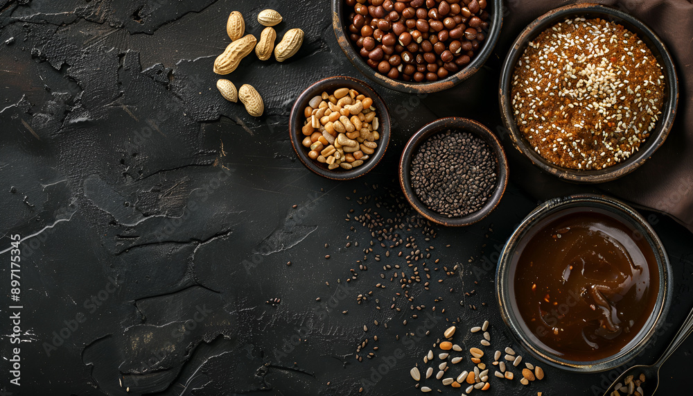 Sesame seeds, sunflower and peanuts in caramel, dark food background Sesame seeds, sunflower and peanuts in caramel, dark food background