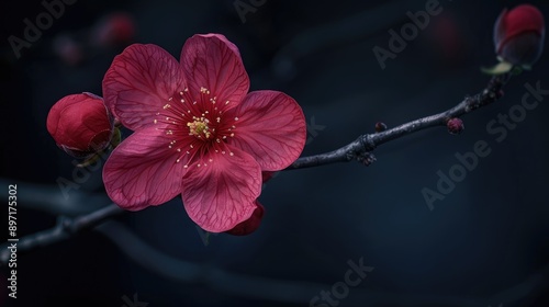 Magenta chaenomeles speciosa flower in dark natural backdrop photo