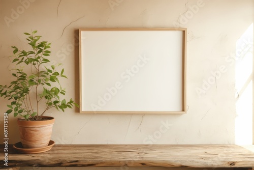 Minimalist wood frame surrounding empty white space, hanging on neutral background