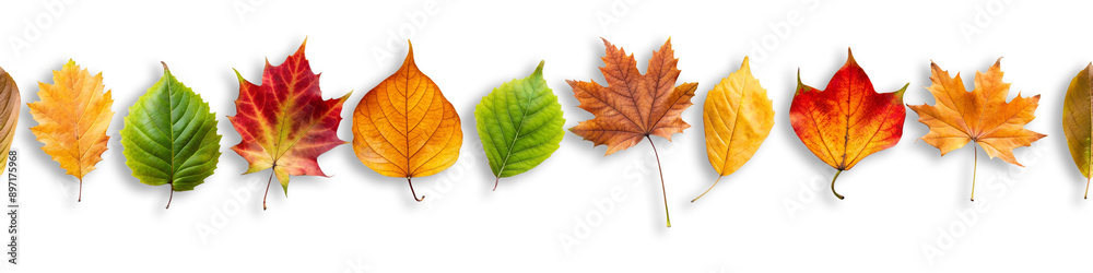 Border seamless of fallen yellow and orange leaves isolated on a white background top view. Minimal autumn season concept. Flat layout. Set of autumn leaves cut, nature. Bright autumn leaves Border seamless of fallen yellow and orange leaves isolated on a white background top view. Minimal autumn season concept. Flat layout. Set of autumn leaves cut, nature. Bright autumn leaves