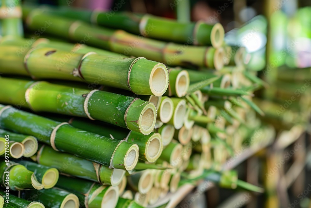 Freshly cut green bamboo poles are stacked for sale at a local market Freshly cut green bamboo poles are stacked for sale at a local market