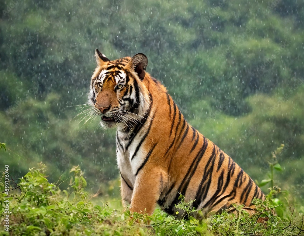Indian tiger male with first rain, wild animal in the nature habitat, Ranthambore, India. Big cat, endangered animal. Indian tiger male with first rain, wild animal in the nature habitat, Ranthambore, India. Big cat, endangered animal.