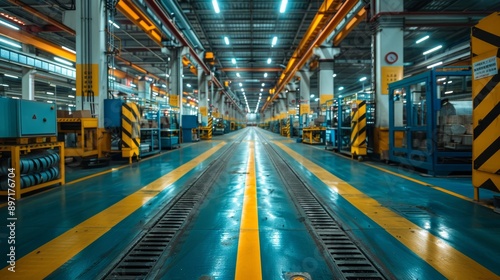 Empty Industrial Factory Floor With Yellow Lines and Overhead Cranes