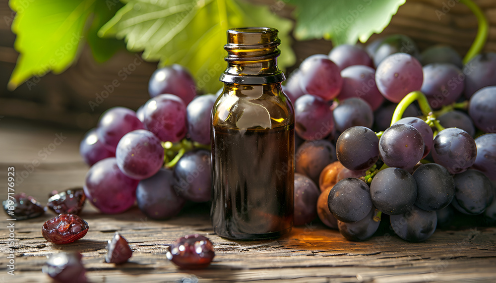 Essential oil of grape seeds and a fresh bunch of grapes, vintage wooden background Essential oil of grape seeds and a fresh bunch of grapes, vintage wooden background