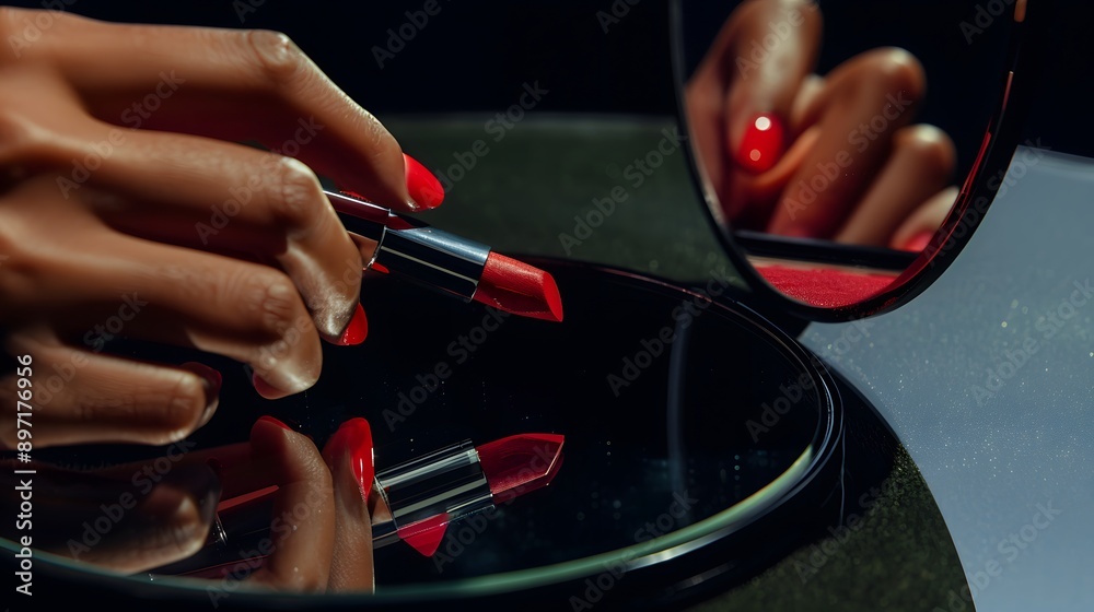 Hand Applying Makeup: A hand applying makeup with an invisible lipstick, with a mirror reflecting the action.
Hand Applying Makeup: A hand applying makeup with an invisible lipstick, with a mirror reflecting the action.