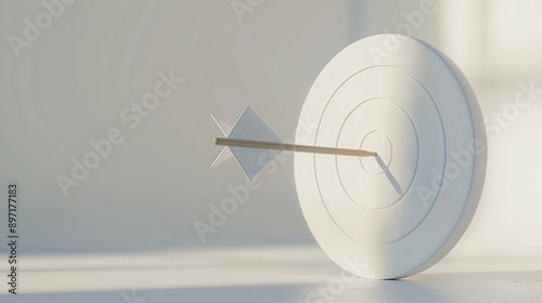 Concept of business objectives, goals, achievements and success at work. White target with an arrow in the center of the target.