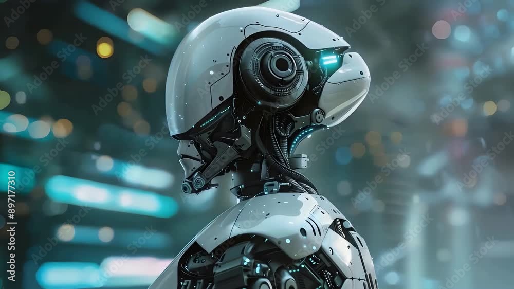 Futuristic Cybernetic AI Robot Profile in High-Tech Environment Futuristic Cybernetic AI Robot Profile in High-Tech Environment