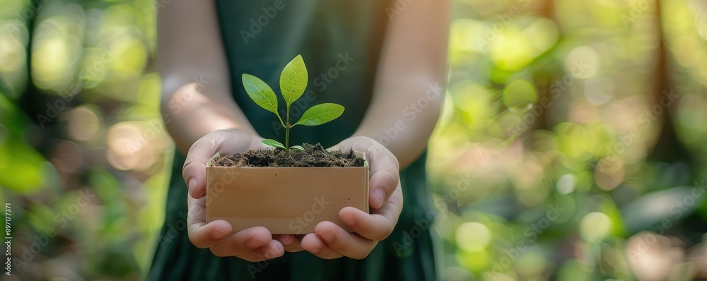Hands holding ecofriendly growth strategy documents, ecofriendly strategy growth, selective focus, environmental theme, vibrant, composite, nature backdrop, copy space for text,
