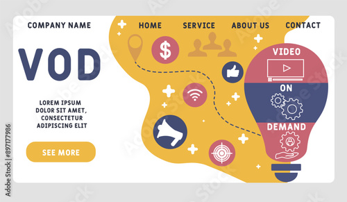 VOD - video on demand acronym. business concept background. vector illustration concept with keywords and icons. lettering illustration with icons for web banner, flyer, landing