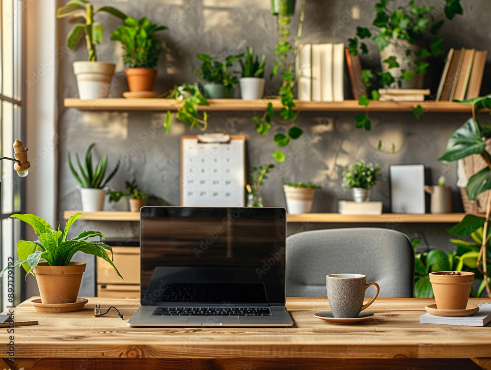 Laptop, Coffee, and Plants on Wooden Desk in Home Office Laptop, Coffee, and Plants on Wooden Desk in Home Office
