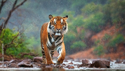 Indian tiger male with first rain, wild animal in the nature habitat, Ranthambore, India. Big cat, endangered animal.