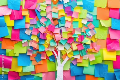 Colorful tree made of adhesive sticky notes. Creative idea workspace with noteboard post it board office. Creativity, brainstorming, strategy, design thinking, teamwork memo workshop concept photo