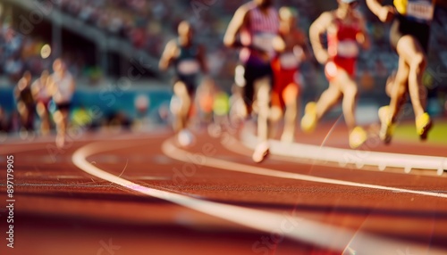 Detailed view on Olympic track Paris with blurred athletes and spectators super shallow depth of field