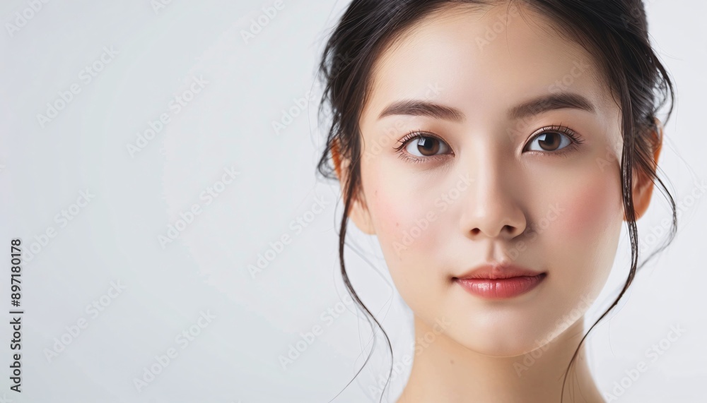 Naklejka premium Minimalistic White Environment Featuring an Asian Woman in CloseUp close up of woman