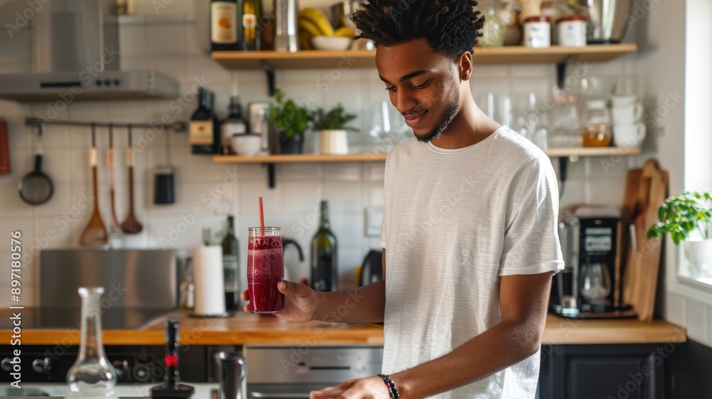 Young Man Enjoying Homemade Smoothie in Modern Kitchen Young Man Enjoying Homemade Smoothie in Modern Kitchen