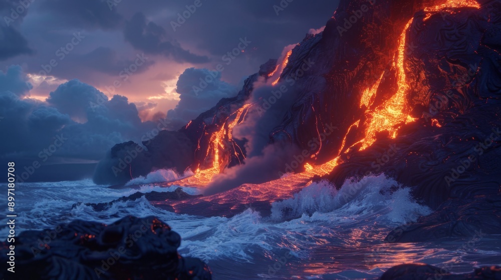 Lava Flowing into the Ocean at Sunset. Lava Flowing into the Ocean at Sunset.