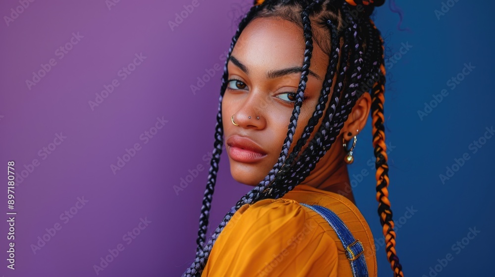 Young woman with braided hair and hoop earrings against a vibrant backdrop. Young woman with braided hair and hoop earrings against a vibrant backdrop.