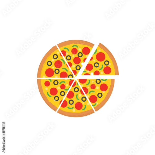 Whole pepperoni pizza pie with loose slice icon for food apps and web