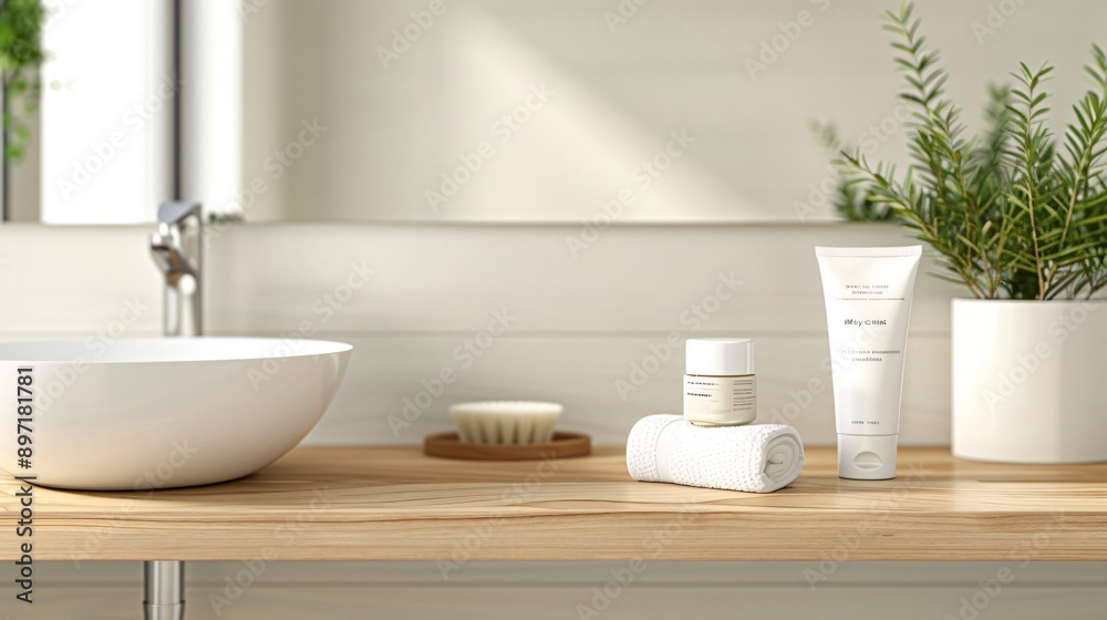Fototapeta premium Natural cosmetic products resting on wooden bathroom countertop