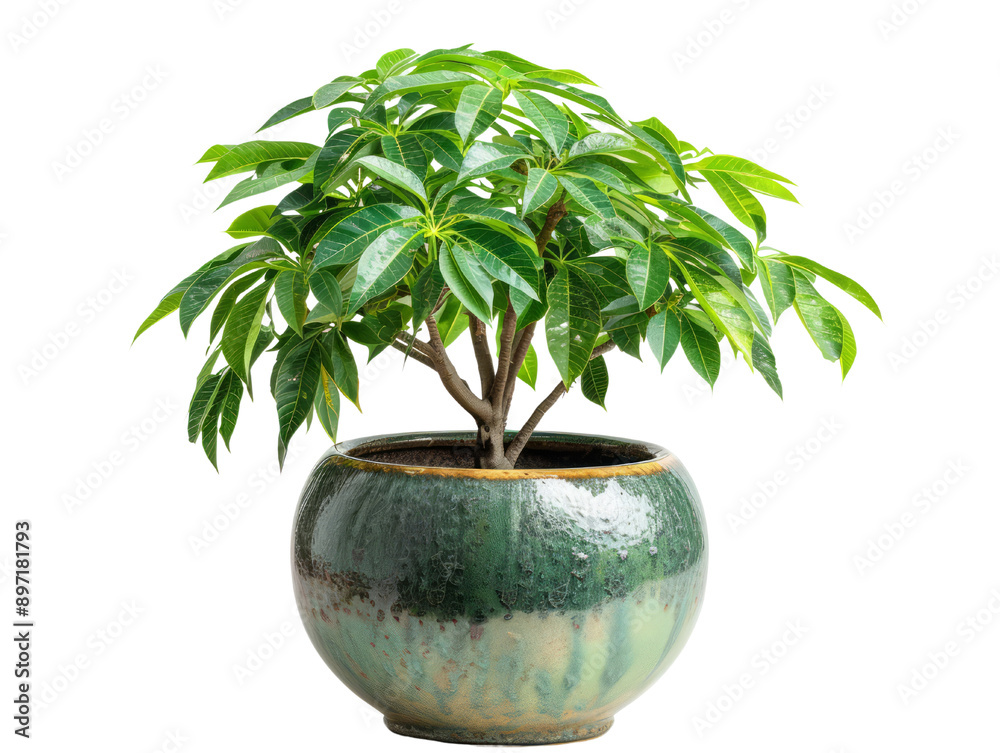 Obraz premium Vibrant green indoor potted plant in a stylish curved ceramic pot, perfect for modern home decor and adding a touch of nature indoors.