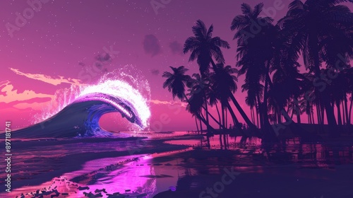 Vibrant Purple Sunset at Tropical Beach with Majestic Wave