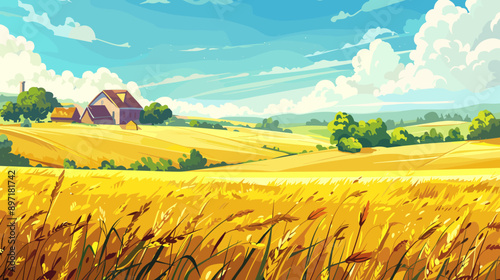 landscape wheat field near village vector cartoon illustration background, copy space