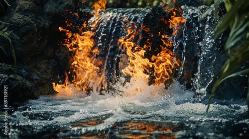 Water extinguishing flames in a scenic setting