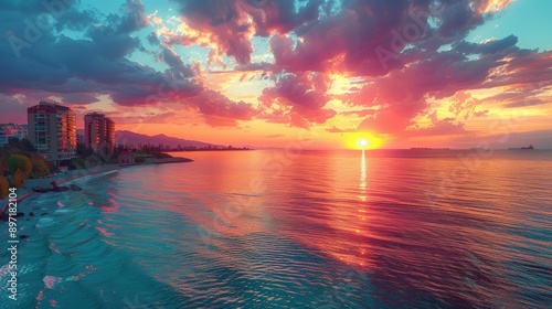 A vibrant sunset casts colorful reflections over calm coastal waters, with buildings lining the distant skyline. photo