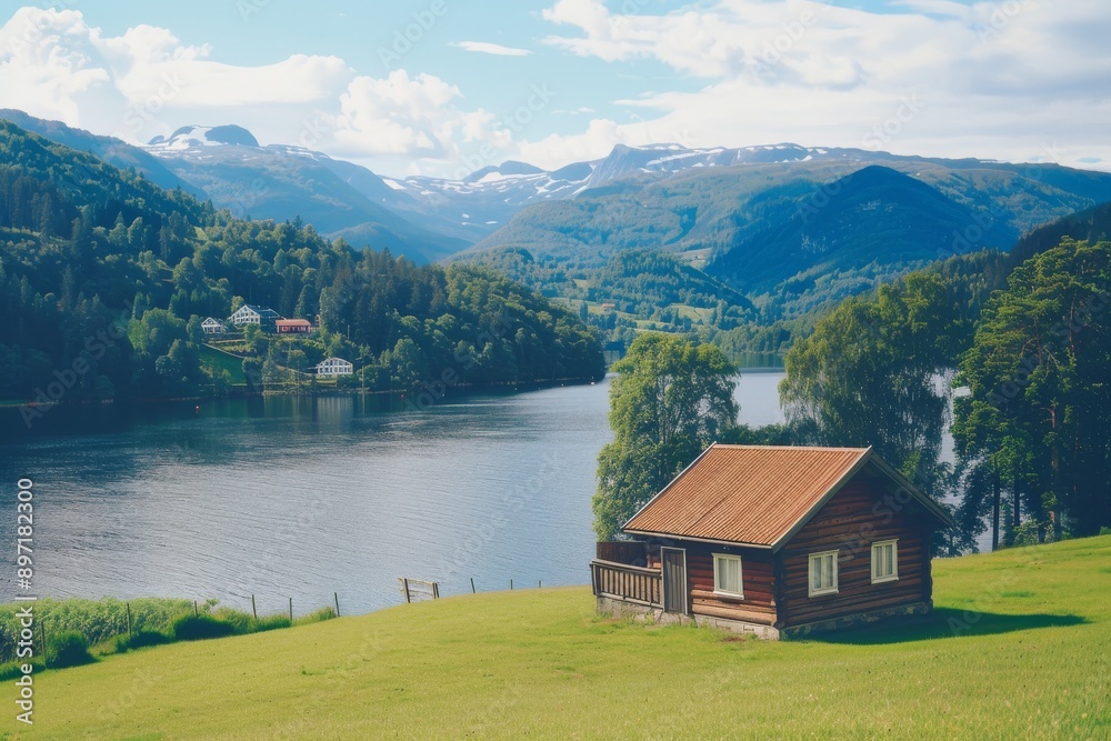 Naklejka premium Landscape with an old village house standing in a field with autumn-yellowed grasses against a cloudy sky. Rural area.. Beautiful simple AI generated image in 4K, unique.