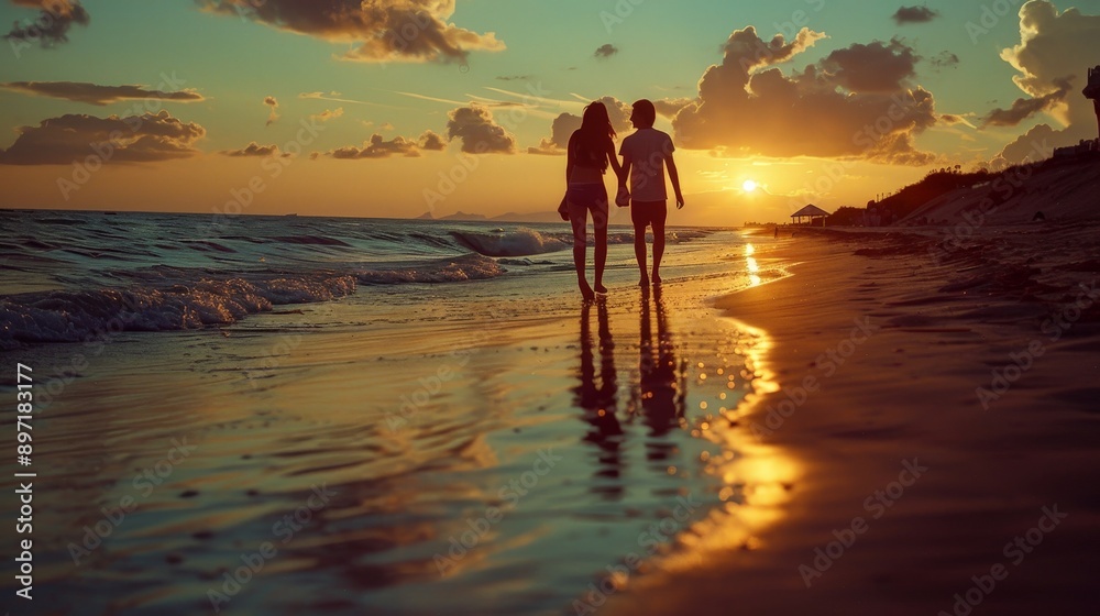 A couple enjoying a sunset walk along the beach, romantic and peaceful A couple enjoying a sunset walk along the beach, romantic and peaceful