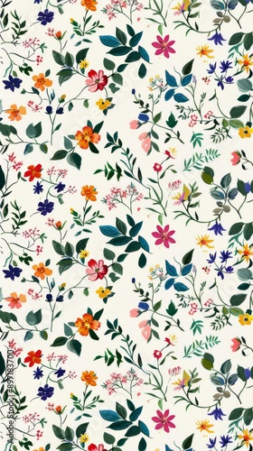 A seamless pattern filled with a diverse array of colorful flowers and leaves, creating an intricate and visually appealing floral design perfect for various uses.