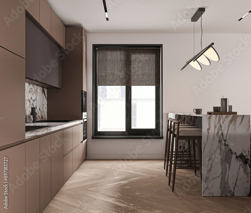 Fototapeta Naklejka Na Ścianę i Meble -  Modern open plan living space with integrated kitchen, featuring a marble island and unique lighting, 3d rendering