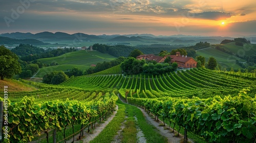 Wallpaper Mural A beautiful vineyard with lush green rows of vines and a rustic farmhouse under a golden sunset sky. Torontodigital.ca