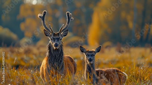 Two deer, one with large antlers, stand in a field drenched in autumn colors under a golden sunset sky, exuding serenity. photo