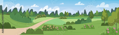  View of summer landscape. Valley with trees, plants, green grass, hills, field, forest and blue sky background. Modern flat vector illustration