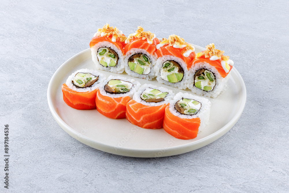 Sushi roll with salmon on a gray background for a food delivery site menu, Sushi roll with salmon on a gray background for a food delivery site menu,