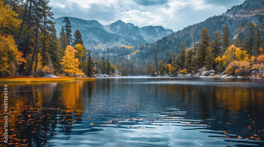 Fototapeta premium A serene lake surrounded by autumn trees in the Rocky Mountains, USA.