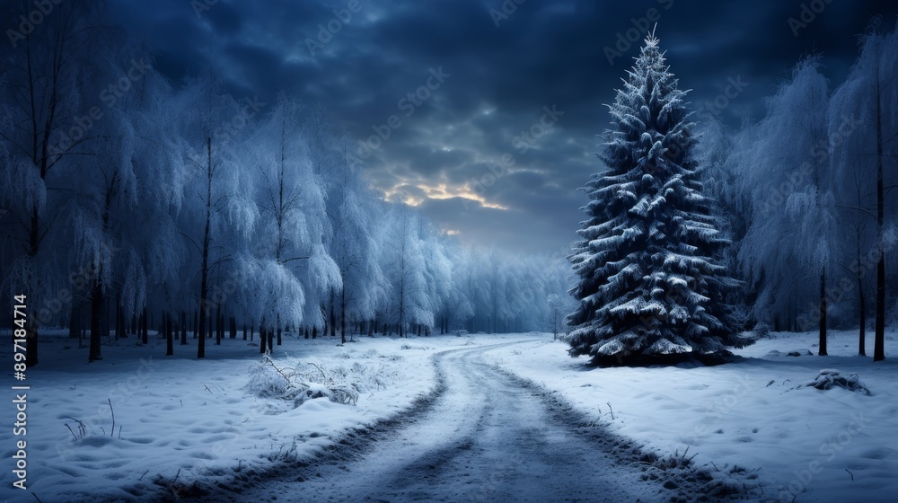 Snow covered xmas tree with garland lights on widescreen backdrop for new year winter holiday border Snow covered xmas tree with garland lights on widescreen backdrop for new year winter holiday border