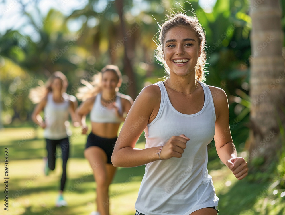 Smiling Woman Runs Through Green Park on Sunny Day Smiling Woman Runs Through Green Park on Sunny Day