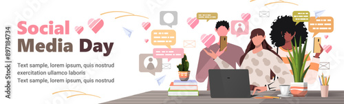 Social Media Day. Teamwork in the office. Social networking, promotion, smm concept. Marketing team, social media management, SMM, brand insight, campaign strategy development. Flat vector 
