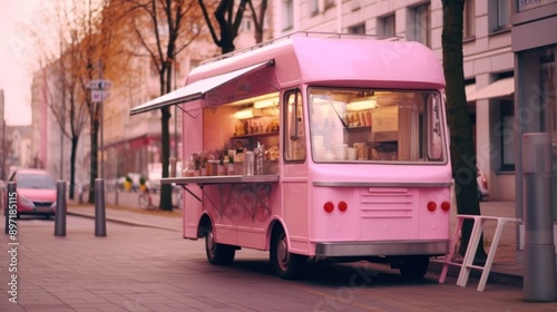 Pink Food Truck on City Street