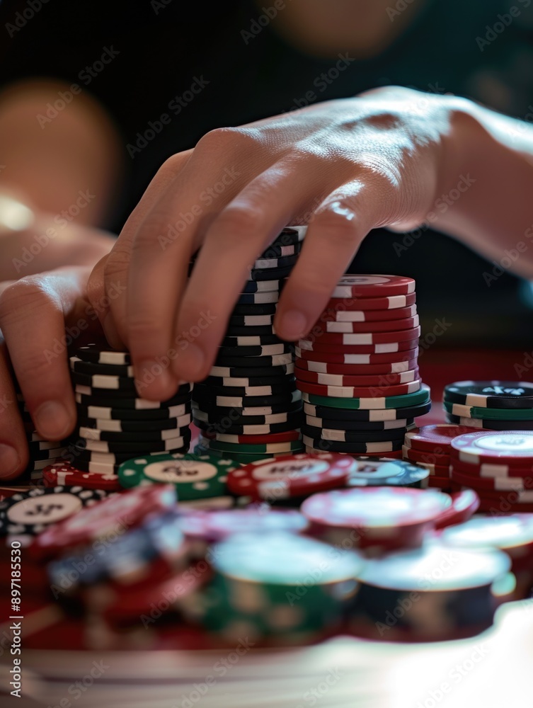 Hand of a person placing chips on a pile of poker cards. Hand of a person placing chips on a pile of poker cards.