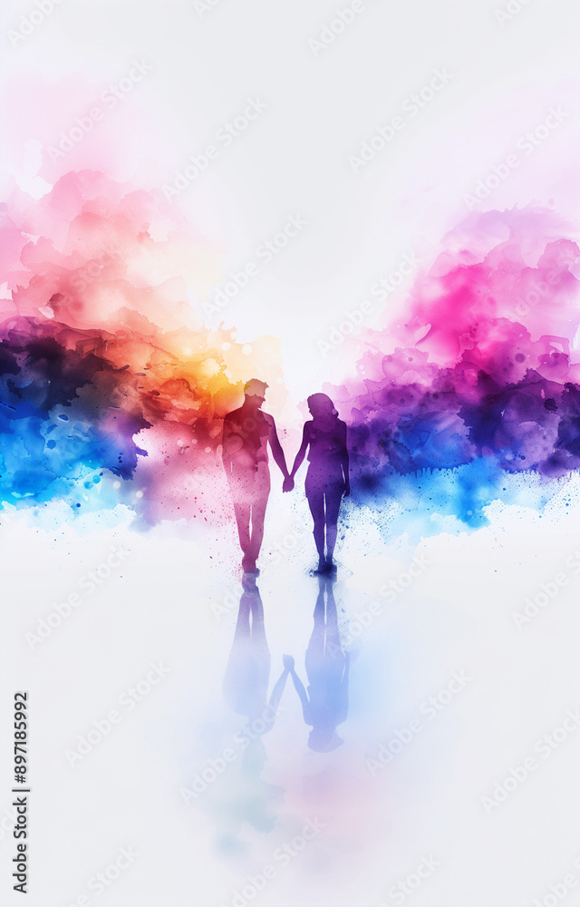 Obraz premium couple walking together to the future; pair of man and woman looking at each other; colorful watercolor background